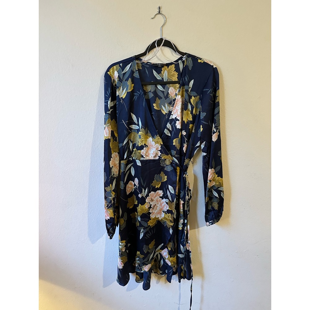 Lulus Love is Life Navy Blue Floral Print Satin Wrap Dress XL